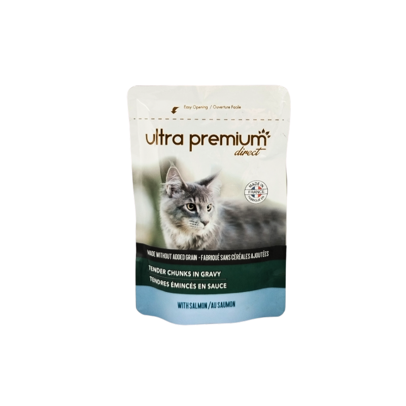 12 x 85g Katzenfutter Ultra Premium Lachs Soße in Gelee getreidefrei Sachet