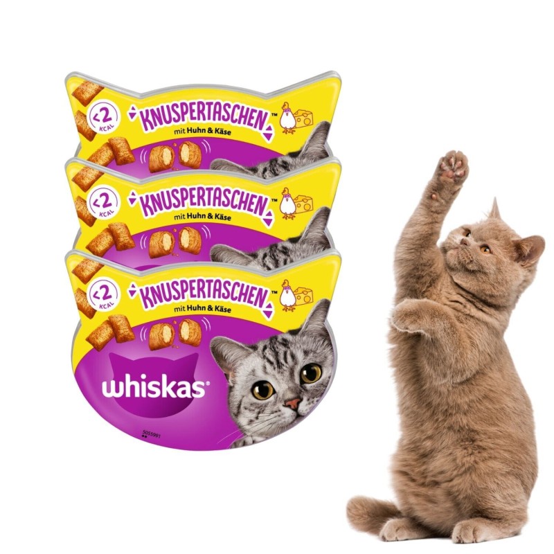 3x Whiskas Temptations Knuspertaschen Snacks Huhn Käse 60g Leckereien Kroketten