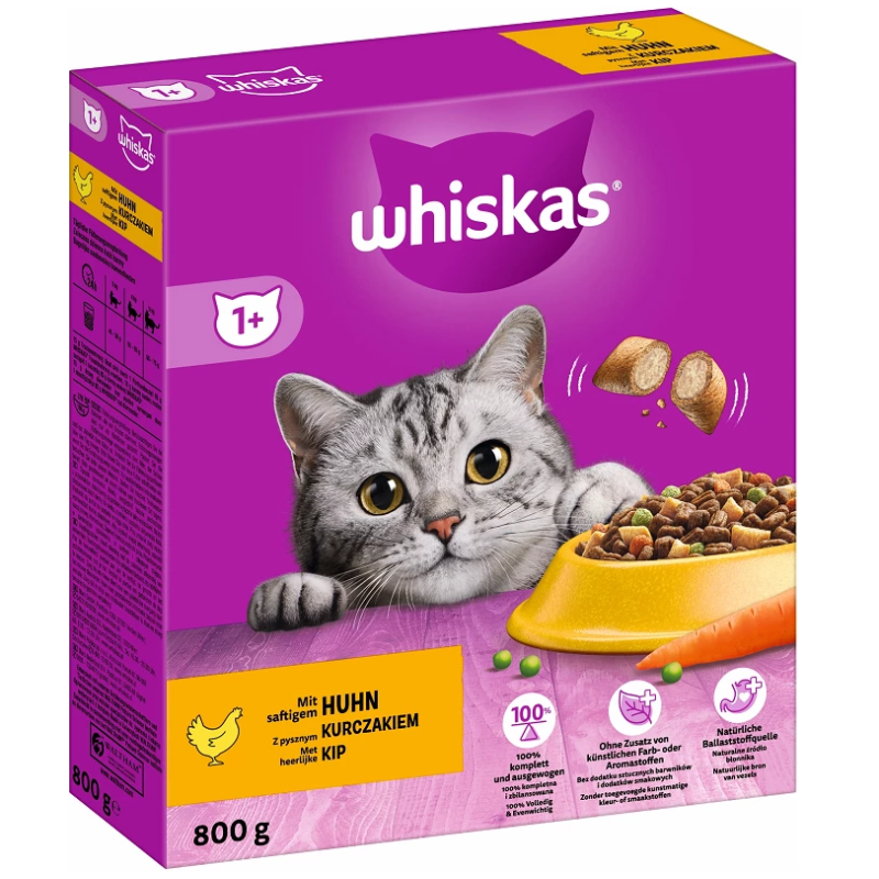 1x 800g Whiskas Trockenfutter für Katzen Mit saftigem Huhn Karotten Erbsen