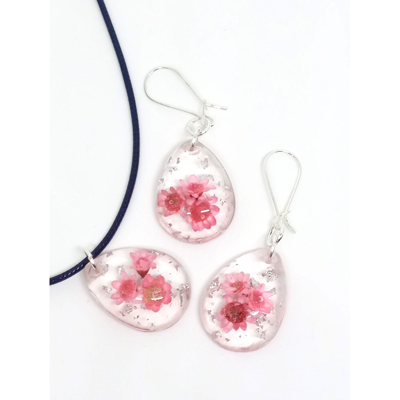 Schmuckset, handgefertigt, schöne rosa Blumen, Epoxidharz B065