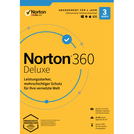 Norton 360 Deluxe | 3 Geräte | 1 Jahr Schutz | 25 GB | kein Abo