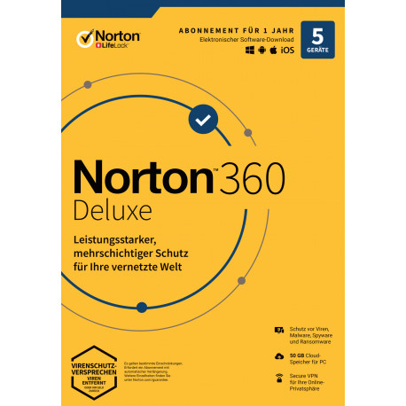 Norton 360 Deluxe | 5 Geräte | 1 Jahr Schutz | 50 GB | kein Abo